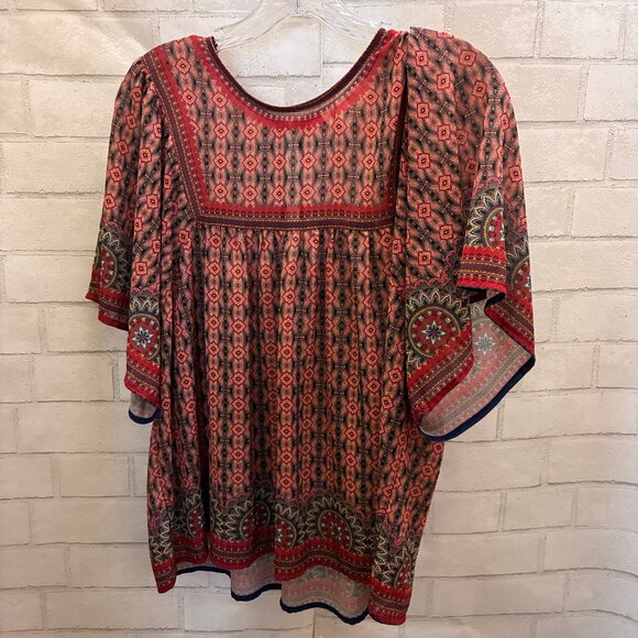 FLYING TOMATO WOMENS LARGE POLYESTER BOHO CASUAL SHORT SLEEVE BLOUSE - Picture 1 of 5